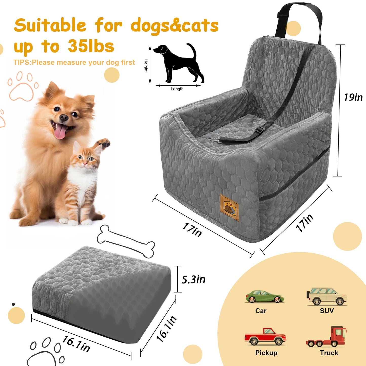 Dog Booster Car Seat for Small & Medium Dogs – Gray